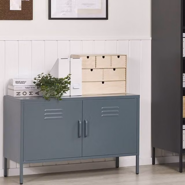 Wyld and Coco Grey Industrial Metal and Glass 2-Door Sideboard, W: 100 cm, H: 65 cm, D: 40 cm