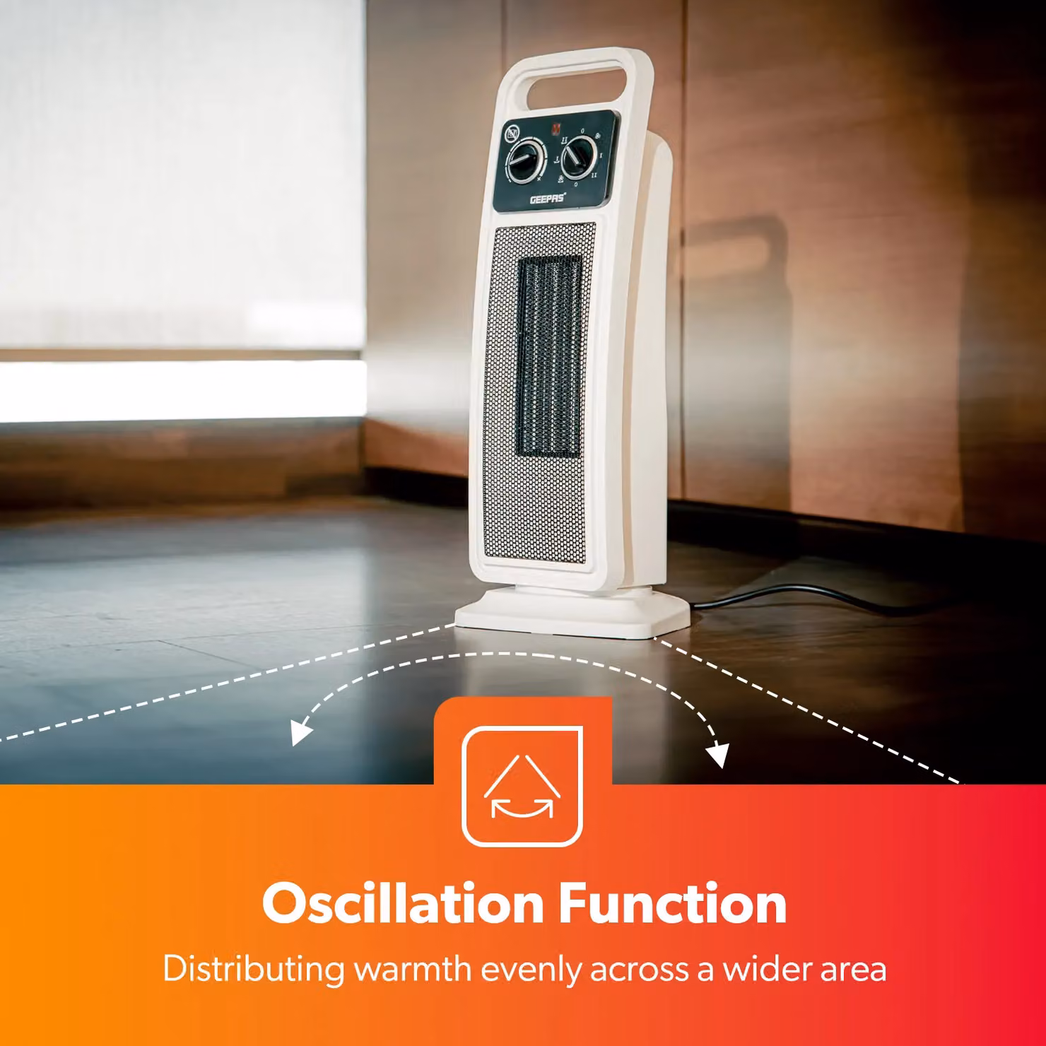 Geepas 2kW Ceramic Tower Fan Heater with Oscillation and 2 Heat Settings in White – 4