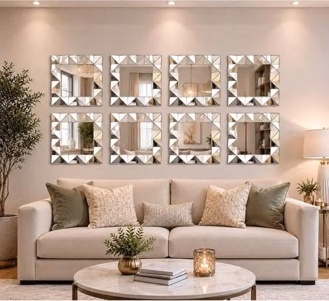 DEENZ Set of 4 Art Deco Style 3D Geometric Square Wall Mirrors in Silver, W/D/H: 40 x 40 x 40 cm