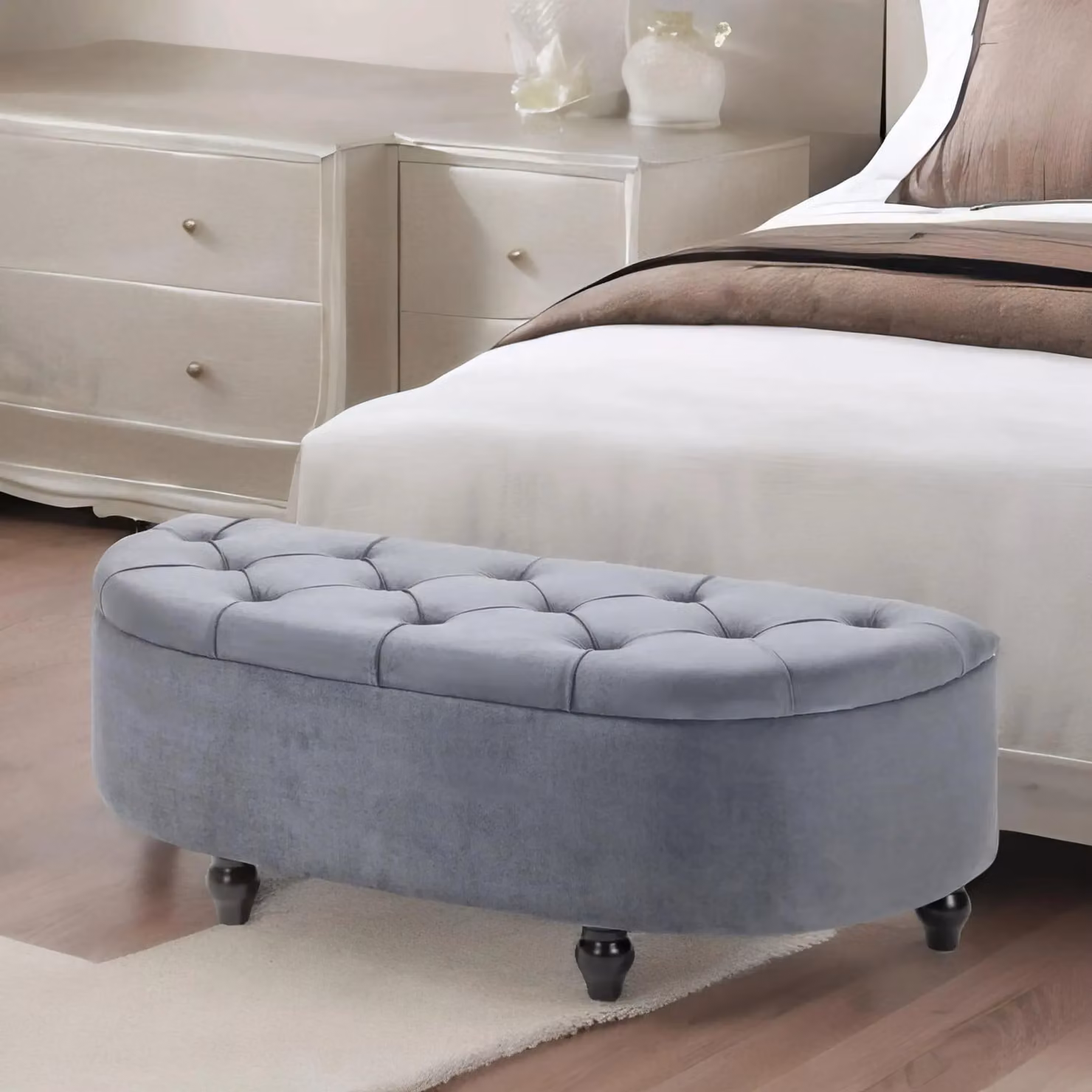 FURNOS Upholstered Velvet Half Circle Wooden Ottoman Storage Bench in Dark Grey, W: 120 cm, D: 46 cm, H: 42 cm – 2