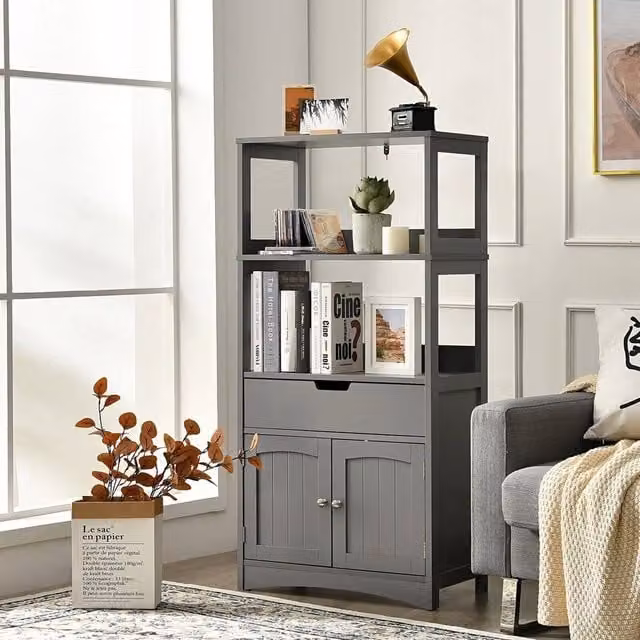 FORGEVIO Grey Wooden Tall Bathroom Floor Cabinet with Internal Drawers and Shelves
