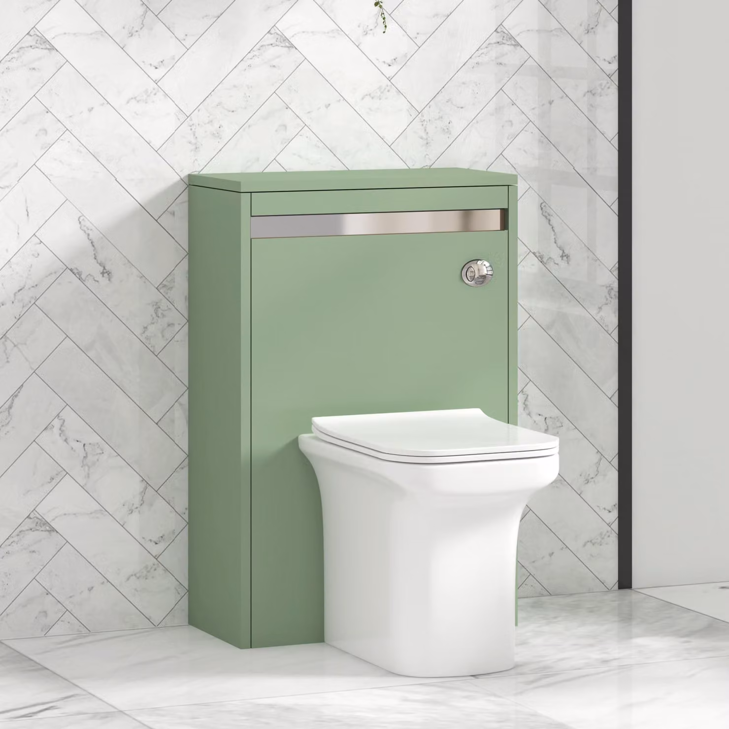 Royal Bathrooms Orion 540mm Mint Sage Green Wall Mounted WC Unit with Crosby Rimless Ceramic Toilet Pan, Soft Close Seat and Cistern with Chrome Accent Trim