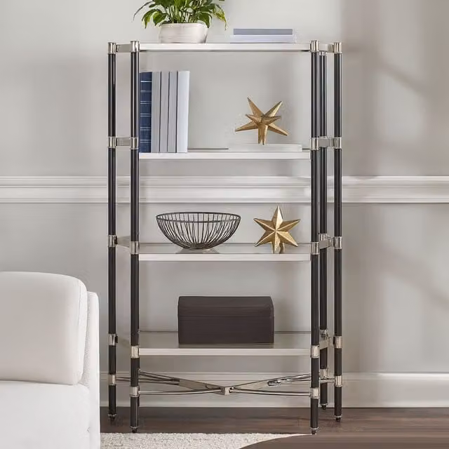 Orsina Modern 5 Shelf Unit with Silver Metal and Black Frame, H 183 x W 107 x D 40 cm – 1