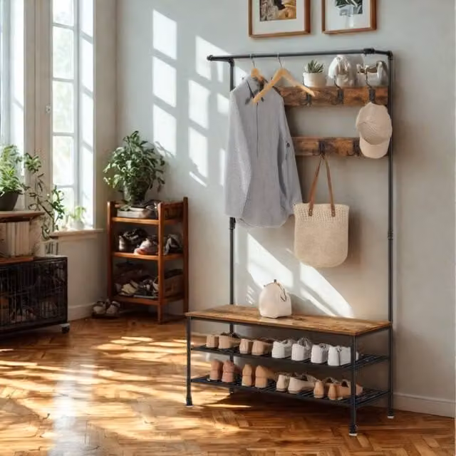 Pirlo Plush Hall Tree Coat Rack with Shoe Storage and Hooks, Brown, H: 182.0 cm x W: 100.0 cm – 1