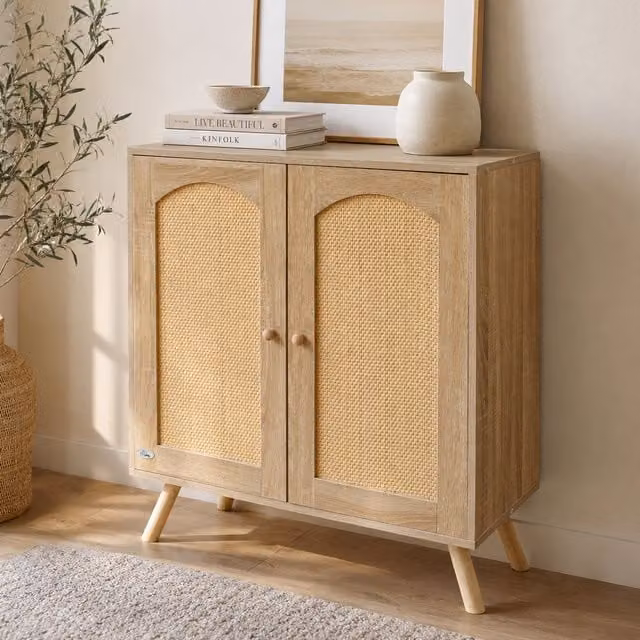 Abrihome Mid-Century Rattan and Wood Sideboard Cabinet in Brown, Width: 80 cm
