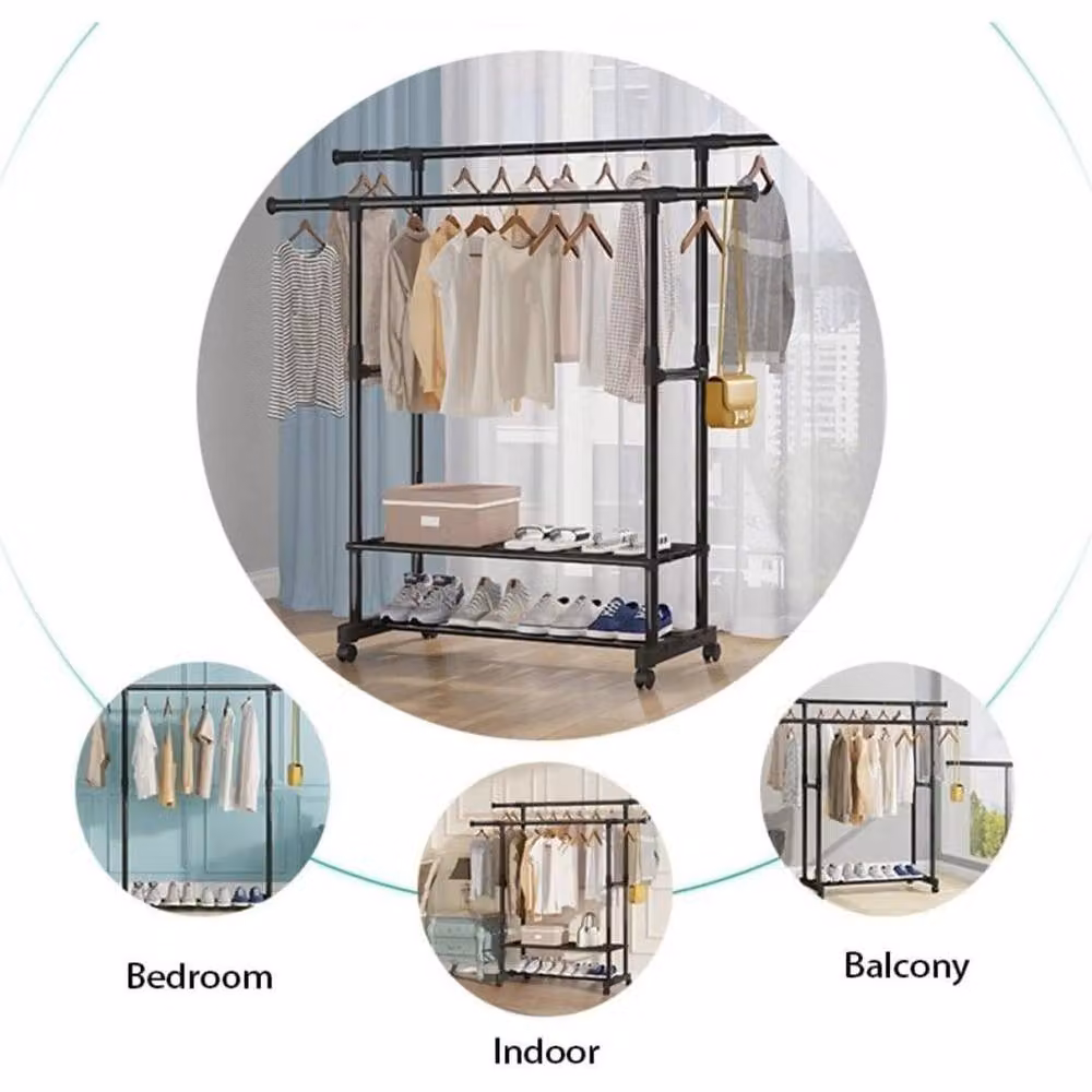NESTLUNE Heavy Duty Metal Double Rail Clothes Garment Hanging Rack in Matt Black – 4