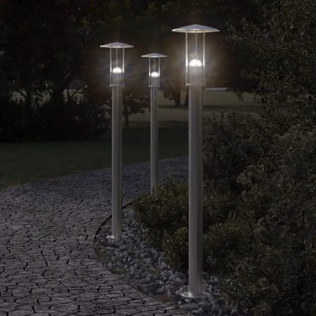 Berkfield Home Set of 3 Silver Stainless Steel Outdoor Bollard Floor Lamps, Height: 100 cm – 1