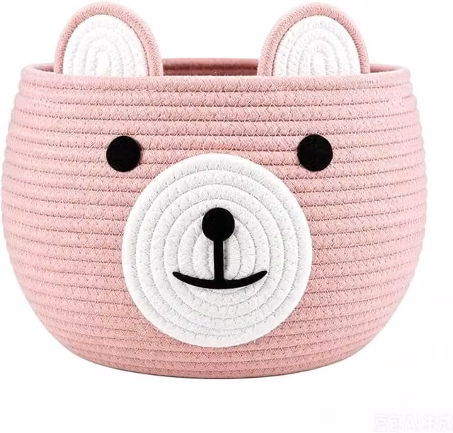 VOGREX Pink Bear Cotton Rope Baby Diaper Caddy Basket with Handles