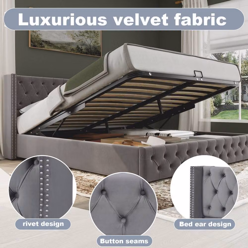 BTM Grey Velvet Upholstered Bed with Hydraulic Storage W: 150 cm, L: 200 cm – 2