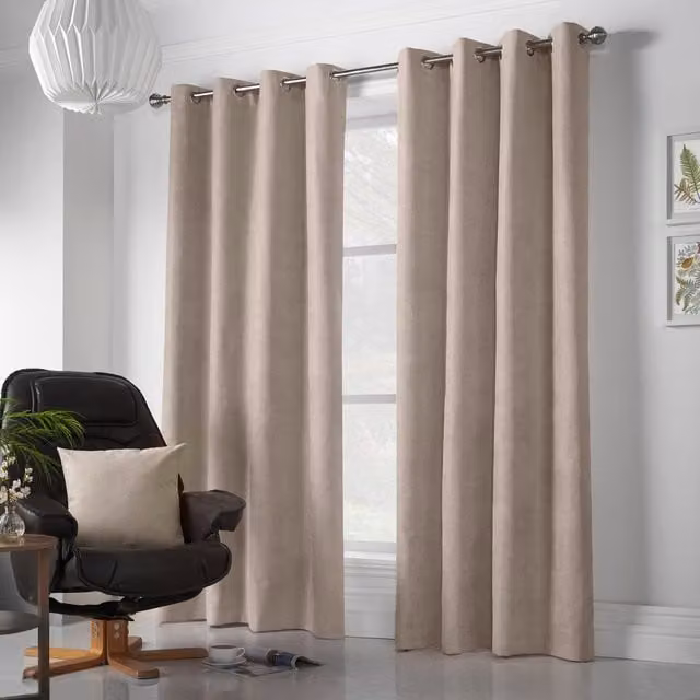 Luxury Living Velvet Chenille Eyelet Curtains in Taupe, Width: 142 cm, Drop: 183 cm