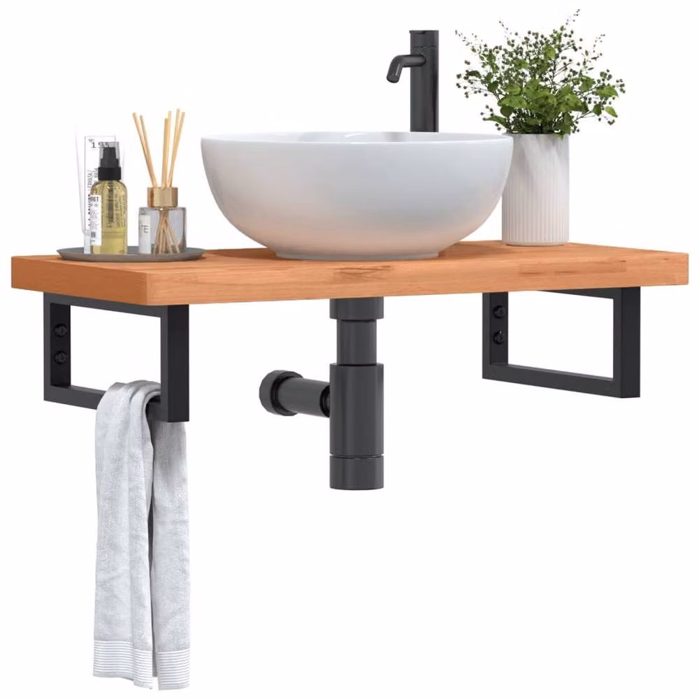 Berkfield Home Elegant Wall Mounted Basin Shelf in Brown Beech Wood and Black Steel
