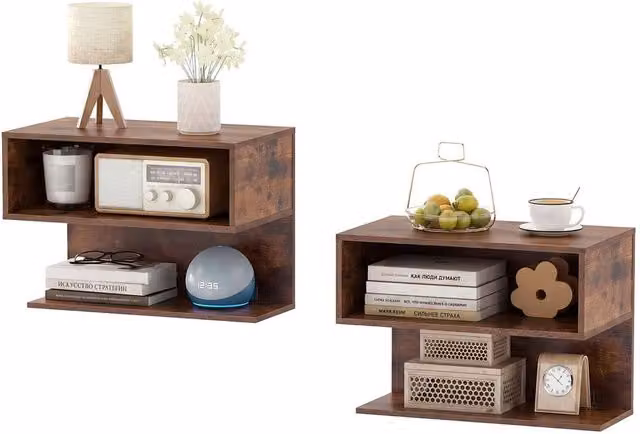 VOGREX Set of 2 Small Brown Wall-Mounted Bedside Tables – 1