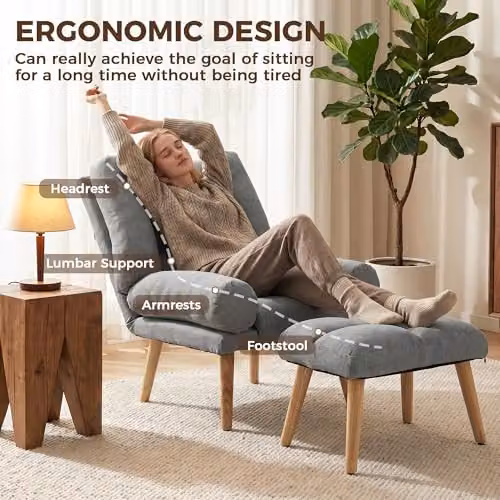 HOMCOM Grey Fabric Recliner Chair with Matching Ottoman and Wooden Legs – 5
