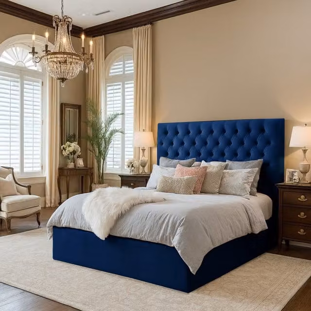 Desire Deco Blue Velvet Upholstered King Size Bed Frame, W/D/H: 180 x 200 cm