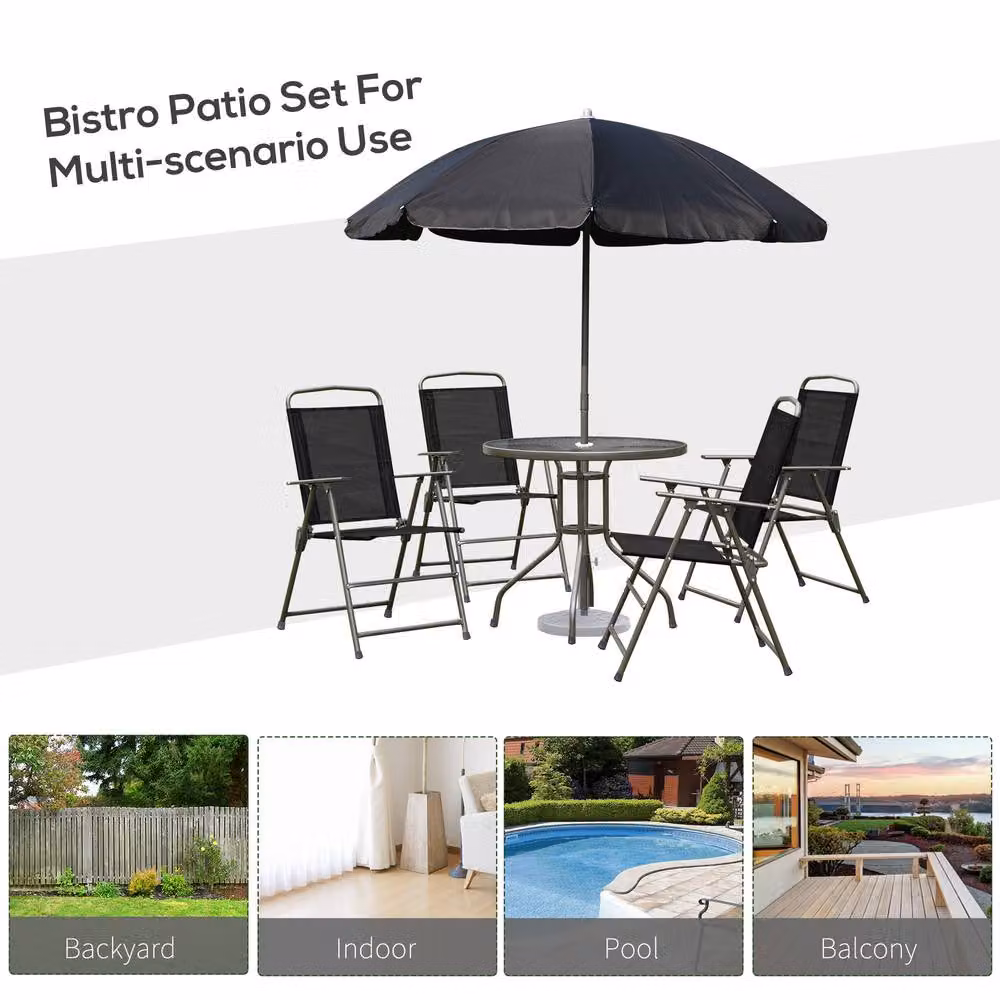 STILVORA Modern Garden Dining Set with Round Glass Table and 6 Black Folding Chairs – 3