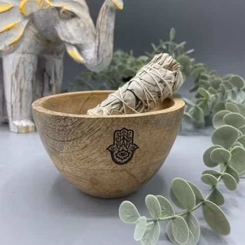 KDMD Wooden Hamsa Smudge and Ritual Offerings Bowl, Brown, W: 11 cm, D: 7 cm