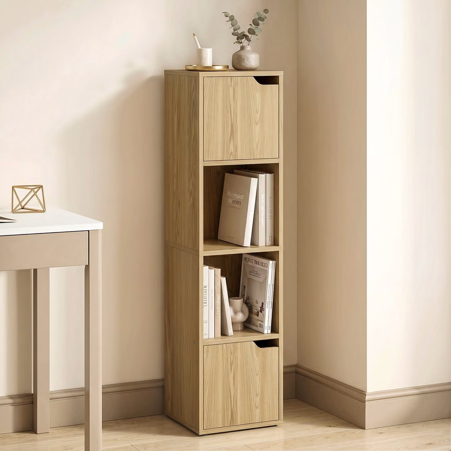HOMCOM 4-Tier Narrow Oak Wood Bookcase and Storage Cabinet in Brown – 2