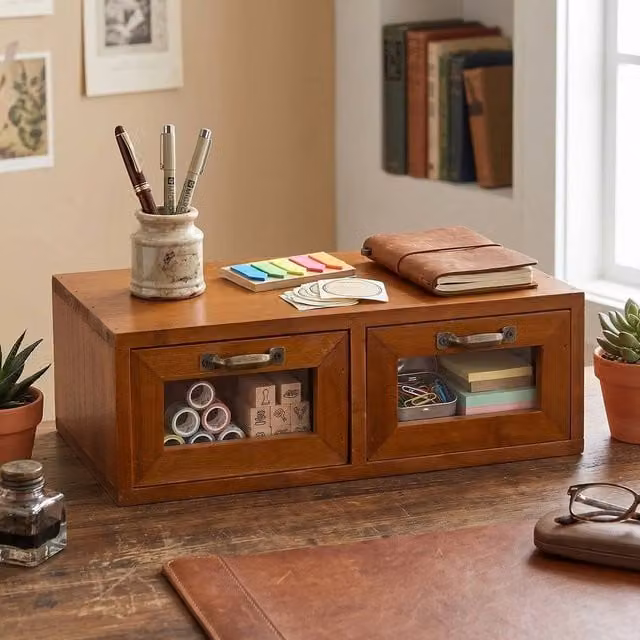 EONLION Wooden Desktop Organiser with 2 Drawers in Brown, Width: 50 cm – 1