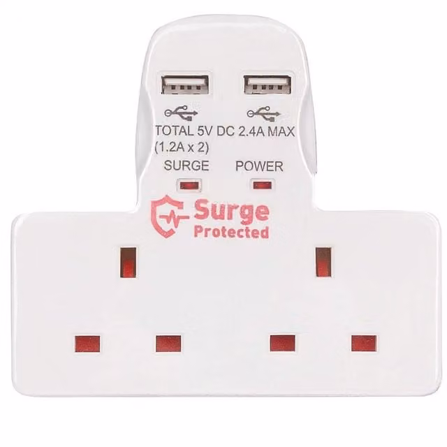 ShaniTech White 2 Way Gang Surge Protected Socket with 2x USB Charging Ports