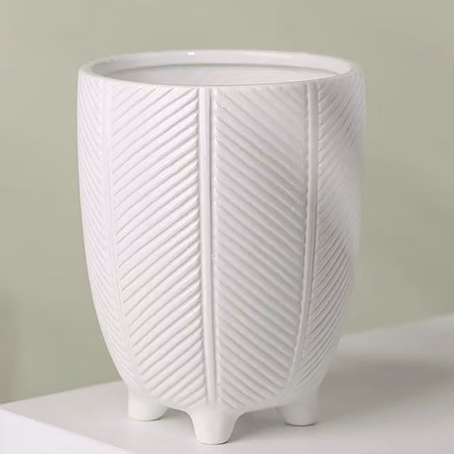 Leaf Modern Round Ceramic Tabletop Planter with Feet in White Stripe