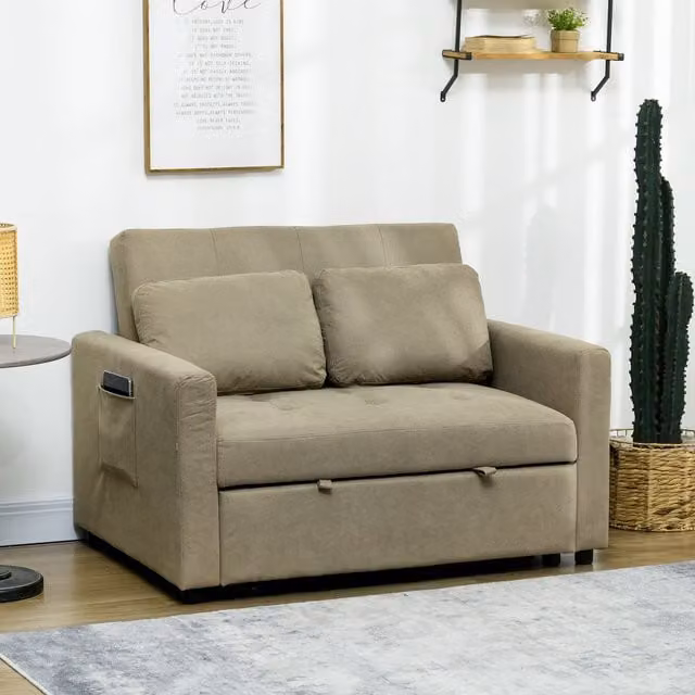 HOMCOM 2 Seater Click-Clack Sofa Bed in Brown Fabric with Scatter Cushions – 1