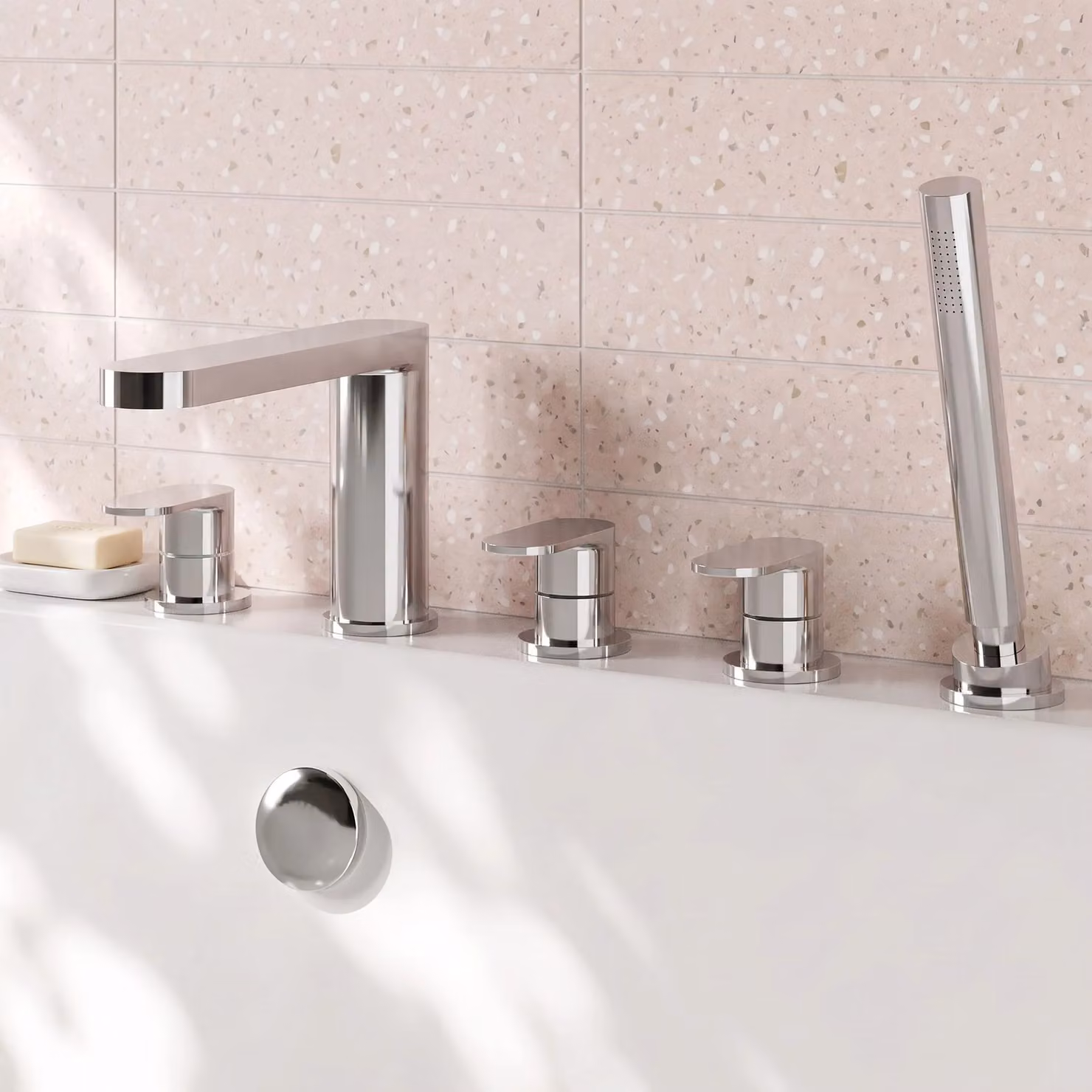 Balterley Current Deck Mounted Round 5 TH Shower Mixer Tap and Shower Kit in Chrome Silver – 2