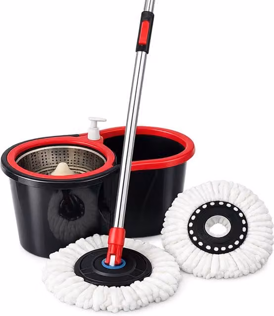 Innoteck Spin Mop and Bucket Set with Stainless Steel Wringer, Telescopic Handle and Microfibre Mop in Black