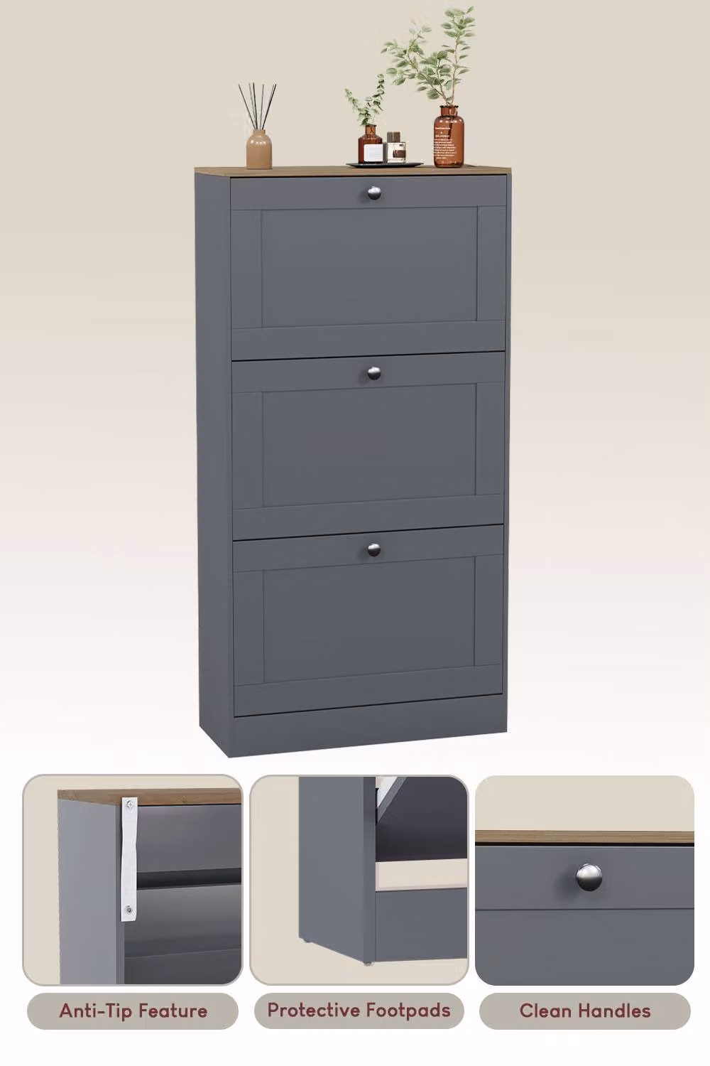 Vida Designs Modern 3 Drawer Grey Shoe Cabinet with Tilting Compartments and Internal Shelves – 4