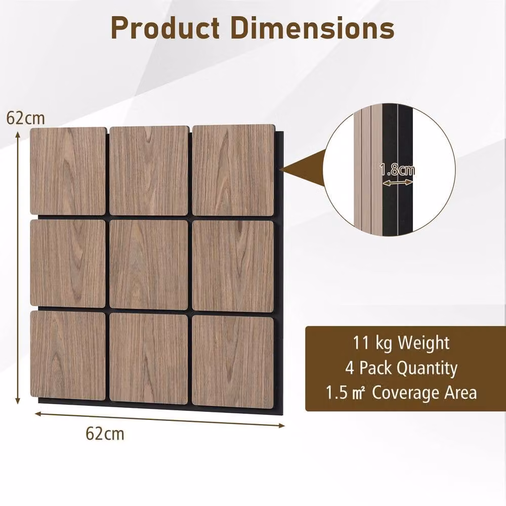 Gymax 4 Pack of 9 Square Wooden Sound Absorbing Acoustic Panels, Wood Look, W: 62 cm, H: 62 cm, in Brown and Beige – 2
