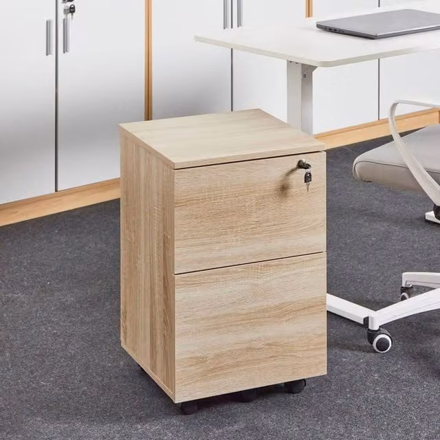 Wyld and Coco Light Brown 2-Drawer Mobile Office Storage Unit with Lock and Castors – 1