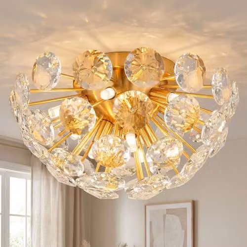 Globo Lighting Gold Metal Ceiling Light with Transparent Crystals, 10x G9 Sockets, Diameter: 39 cm, Height: 22 cm – 2