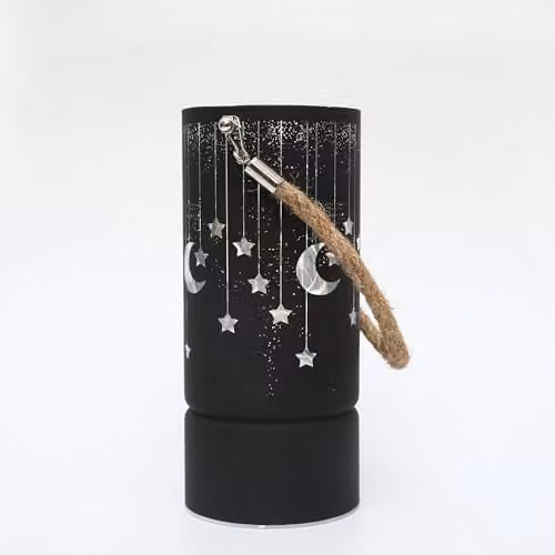 Shatchi Black and Gold Christmas Decorated LED Glass Lantern Vase with Moon and Stars Design, Height: 22 cm – 2