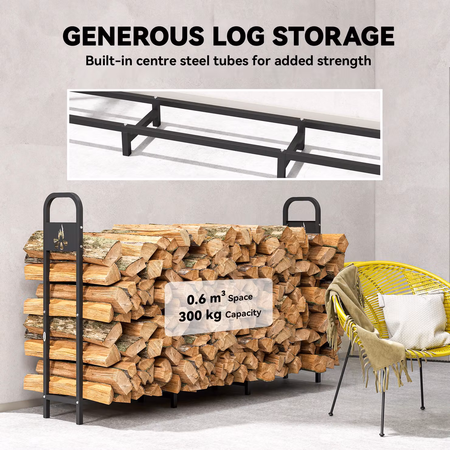 Outsunny Black Steel Firewood Log Rack with 300 kg Capacity, Heavy Duty Indoor and Outdoor Wood Storage Shelf with Extra Support Legs, W/D/H: 199 x 121 x 30 cm – 3