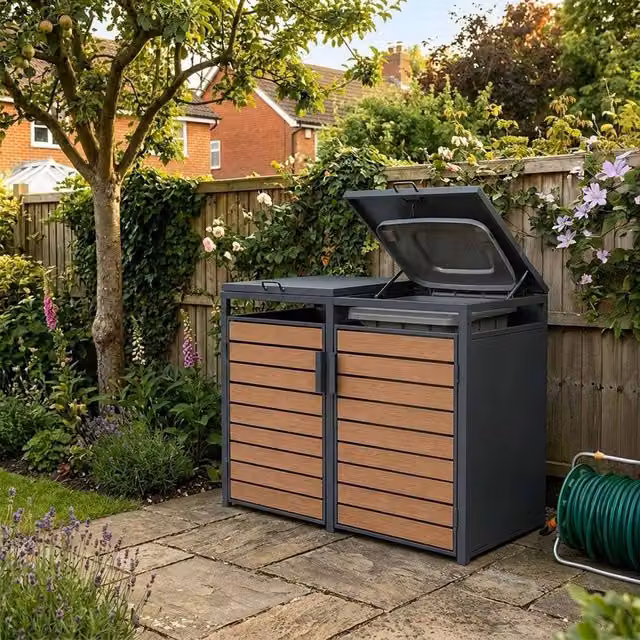 Nicoman Outdoor Metal Bin Storage Shed with Wood Effect Doors in Dark Grey Anthracite – 1