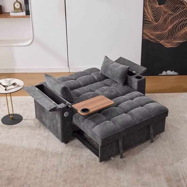 Merax Grey Pull-Out Sofa Bed with Swivel Tray Table and Flip-Top Storage Arms