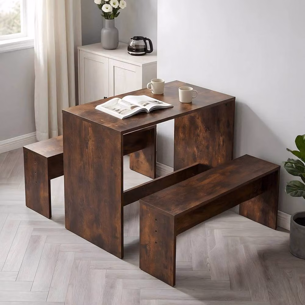 KORVIXA 3-Piece Rustic Brown Wooden Square Dining Table and Bench Set, W/D/H: 100 x 100 x 100 cm – 2