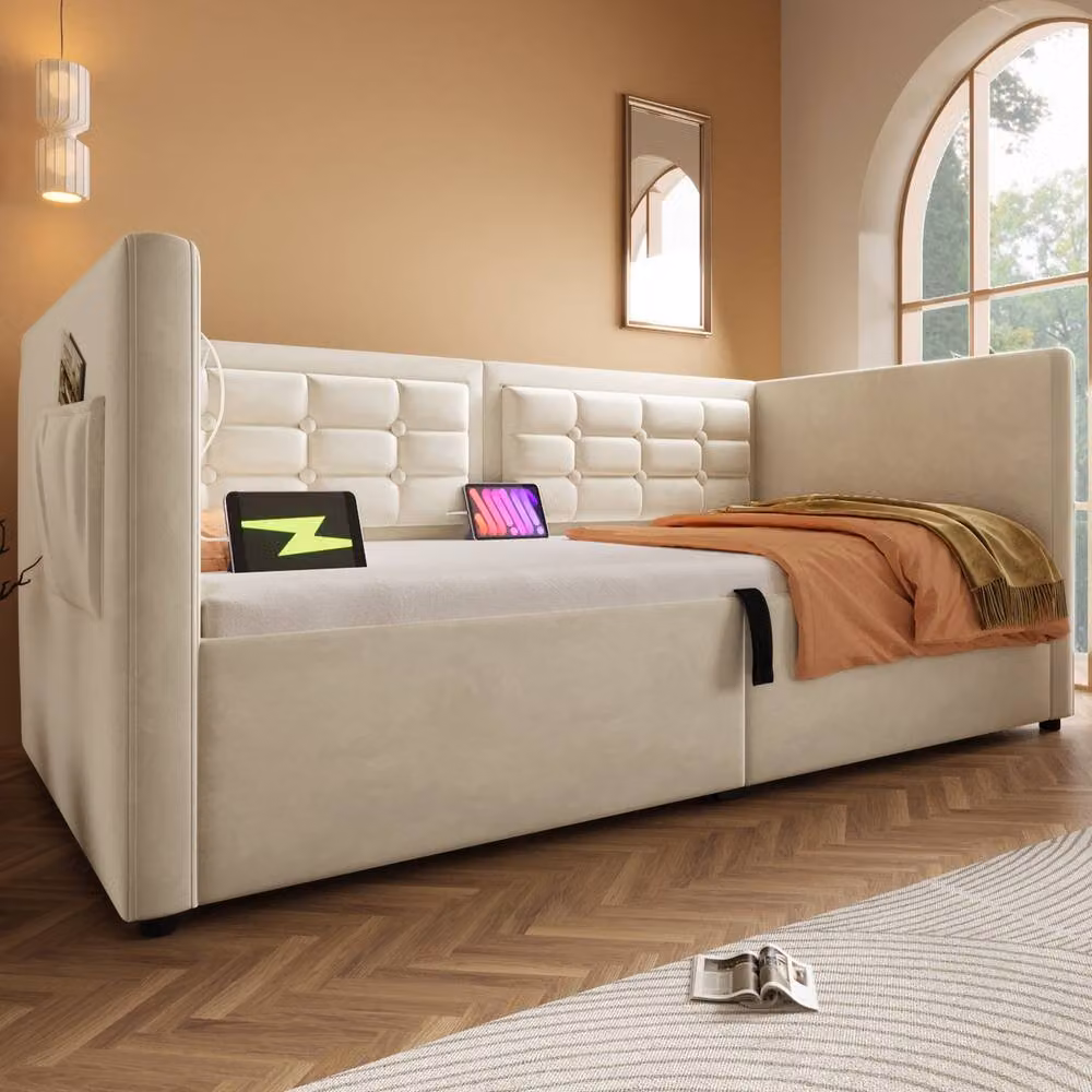 BTM Velvet Upholstered Daybed in Beige with USB Charging Port and Hydraulic Lift-Up Storage, W/D/H: 190 x 90 x 75 cm – 5