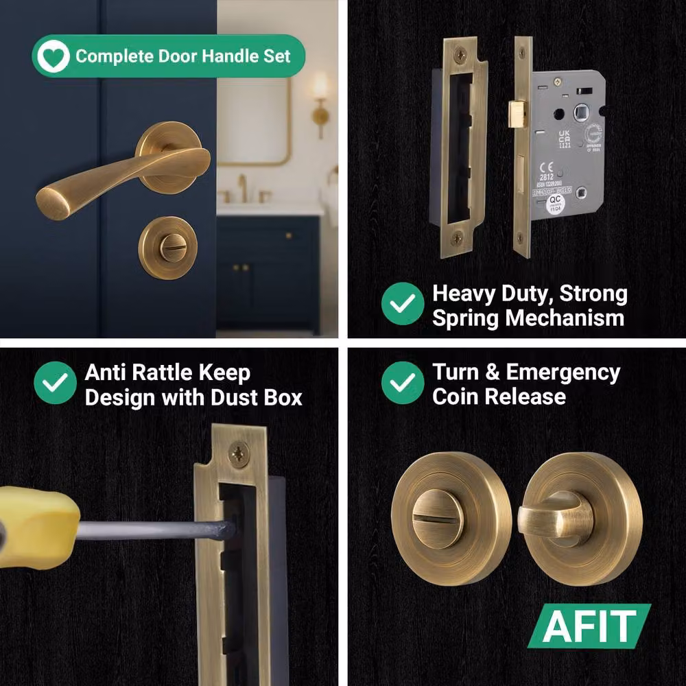 AFIT Antique Brass Bathroom Door Handle Rose with WC Lock in Bronze, 1 Pair – 6