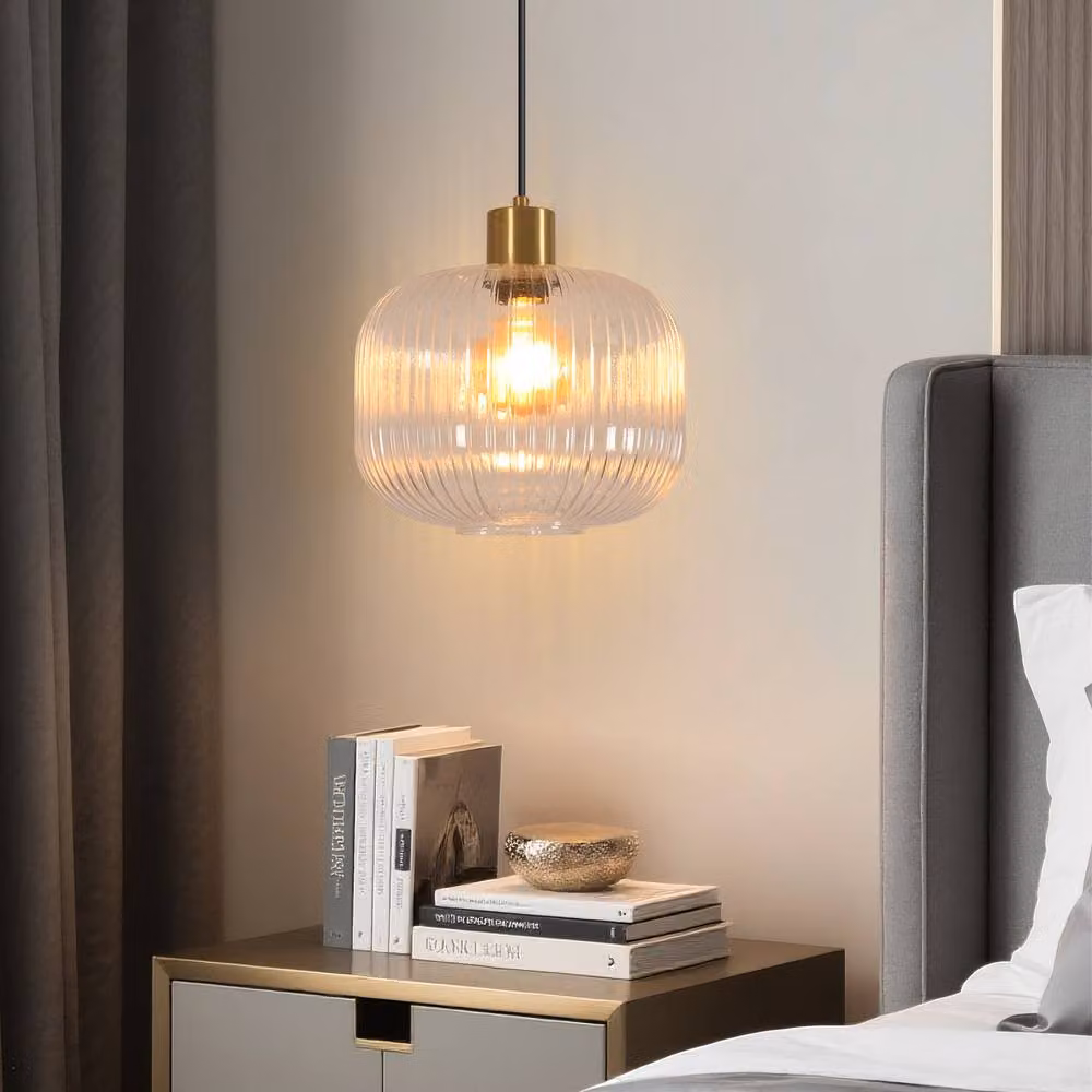 Goeco Modern Round Glass Pendant Light with Transparent Ribbed Shade and Gold Finish – 3