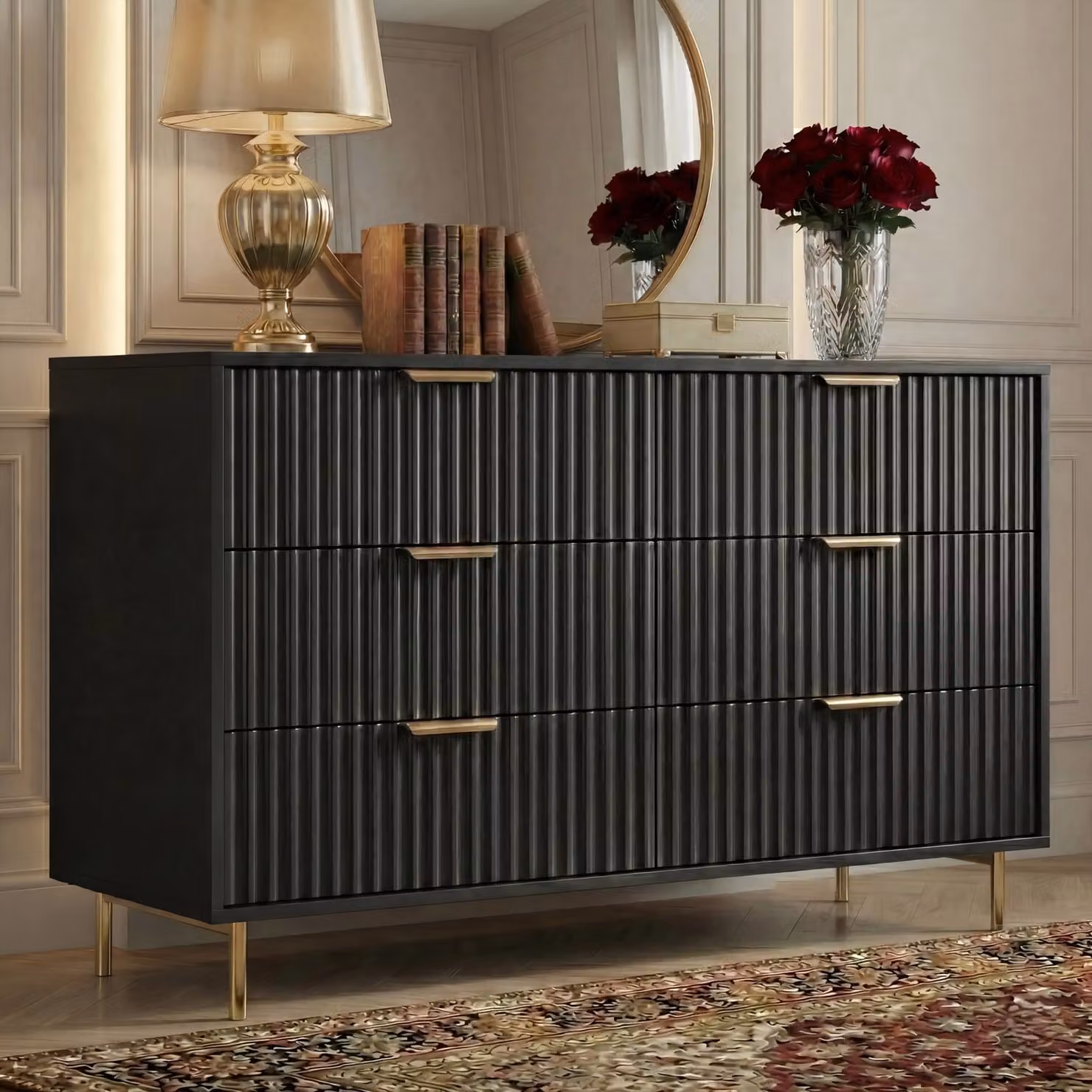 DHS Flutrina 6 Drawer Wide Chest of Drawers Bedroom Dresser in Black