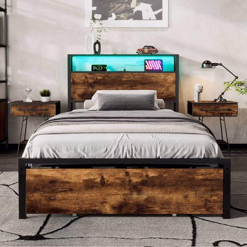 BTM Metal Bed with LED Under-Bed Lighting, USB Charging Ports and Storage Drawers in Walnut and Black, W/D/H: 140 x 200 cm – 3