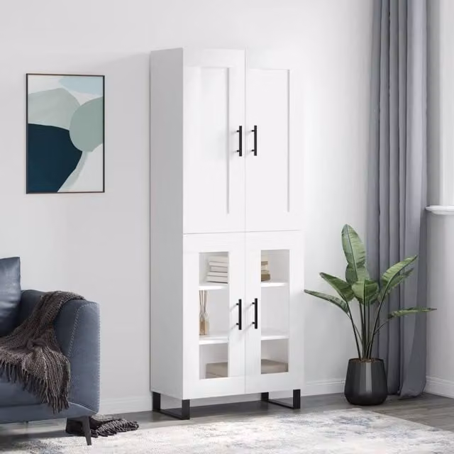 Berkfield Home Modern White Highboard with Glass Hinged Doors, W/D/H: 69.5 x 34 x 180 cm