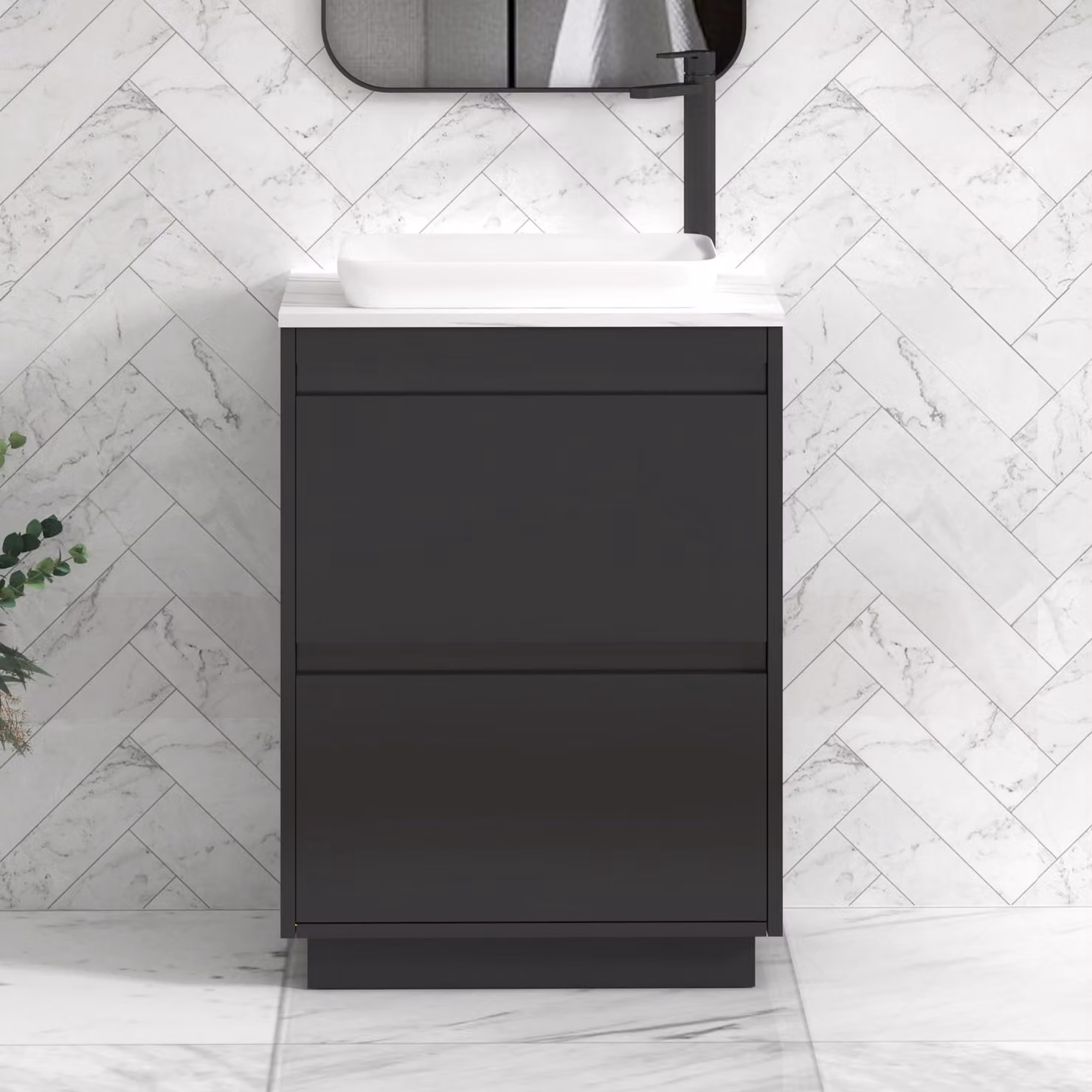 Royal Bathrooms Orion 600mm Matt Obsidian Black Floor Standing Countertop Vanity Unit with 2 Drawers, Qubix Basin and Black Accent Trim