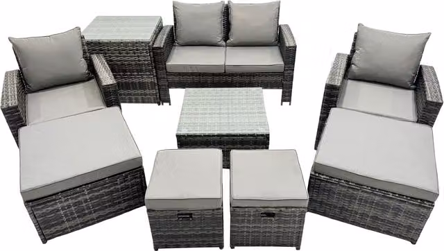 Fimous 8-Seater PE Rattan Garden Furniture Set in Grey with Coffee Table, Side Tables, Ottoman and U-Shape Sofa with Weather-Resistant Cushions