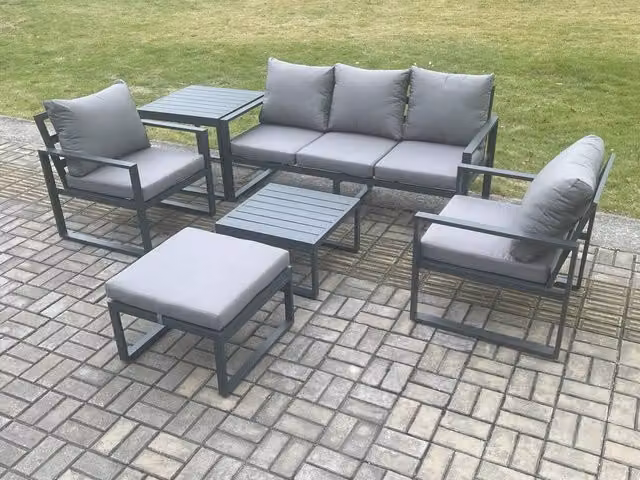 Fimous 6 Seater Aluminium Outdoor Lounge Sofa Set in Dark Grey with Coffee Table and Ottoman