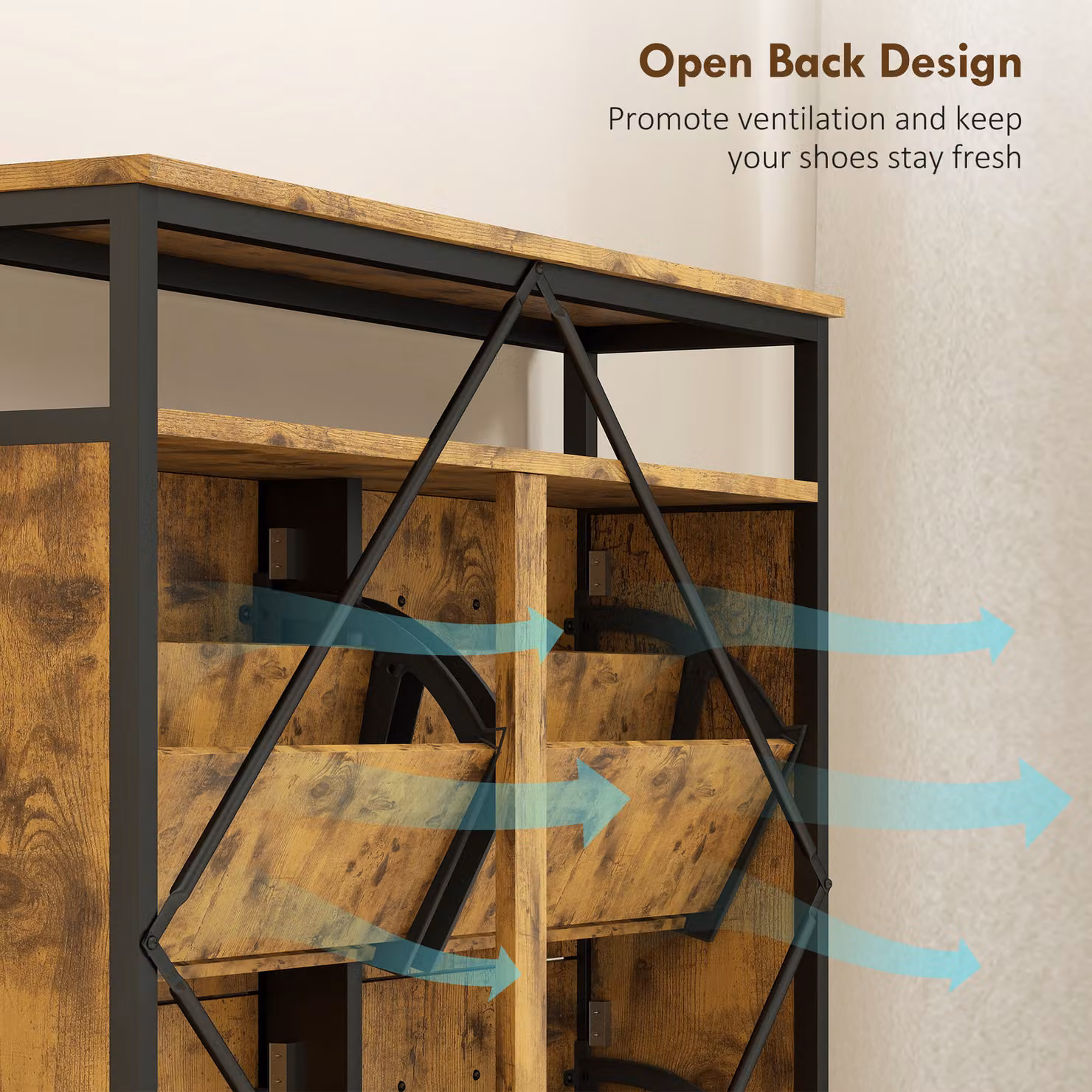 HOMCOM Industrial Shoe Storage Cabinet with 4 Tilting Compartments and Open Shelf, Brown and Black – 7