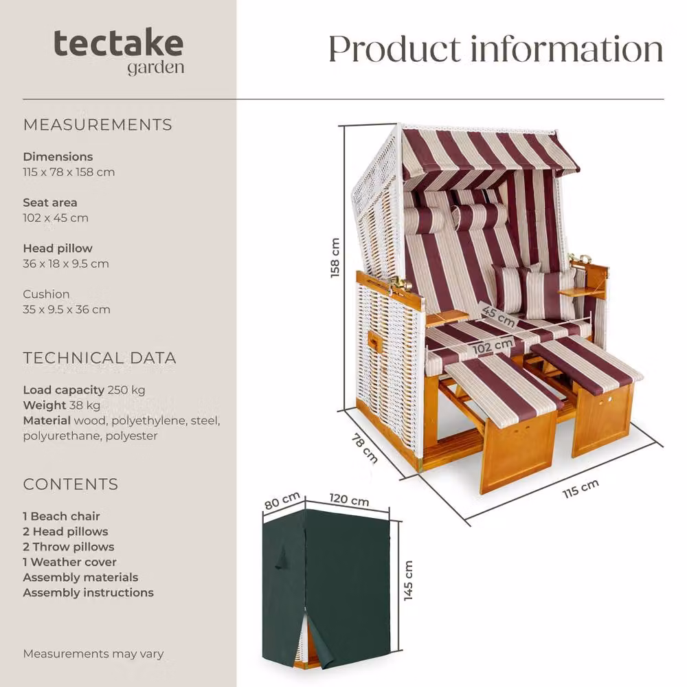 tectake Sylt 2 Seater Beach Chair in Red with Cushions, Footrest, Sun Canopy and Rain Cover – 6