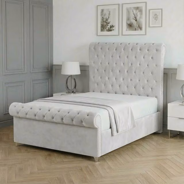 Living Comfort Bedz Regency Sleigh Ottoman Gas Lift Upholstered Velvet Bed in White, Size: Single (90 x 190 cm)