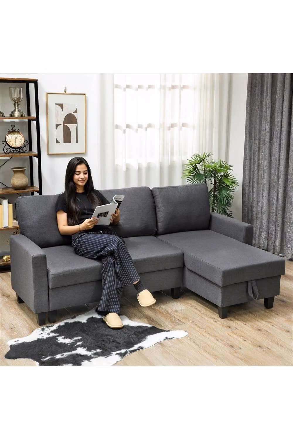 ERGOVEXA L-Shape Three-Seater Storage Sofa Bed in Grey Fabric with Sleeping Function and Removable Covers – 2