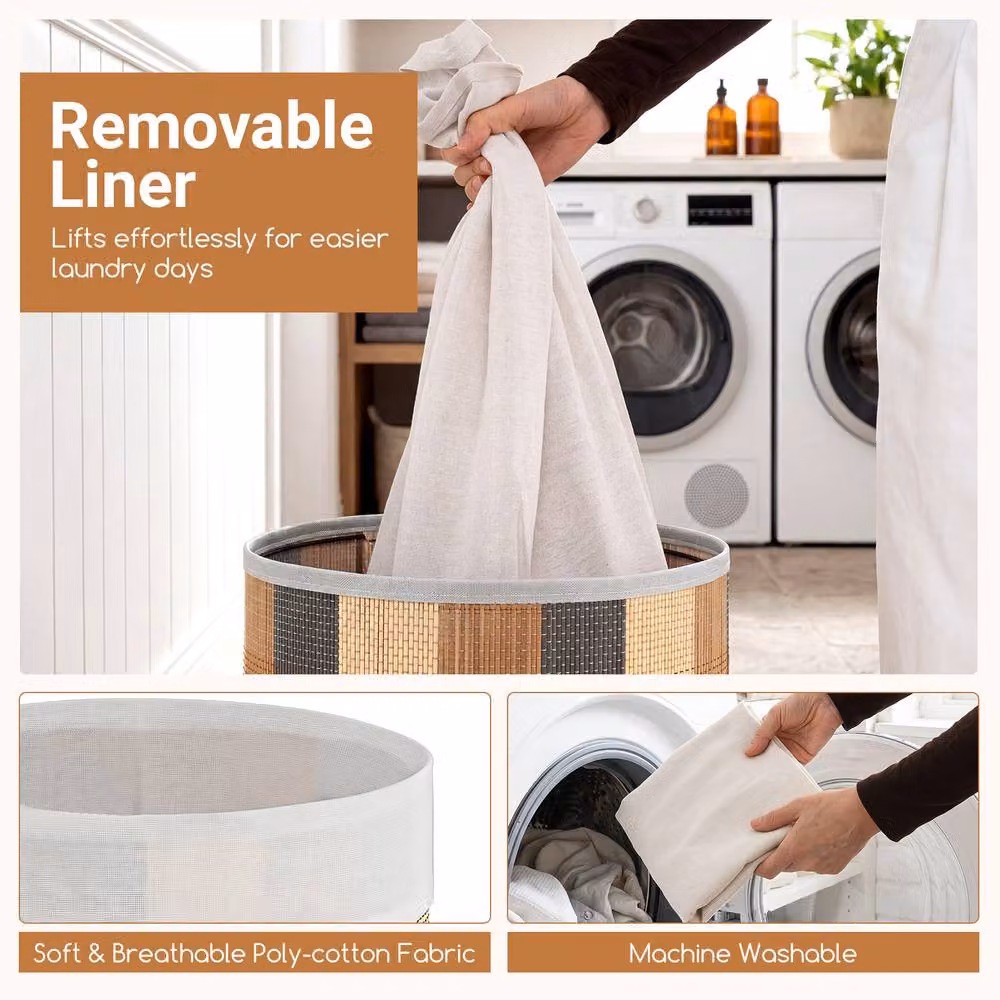 Gymax 50L Round Bamboo Laundry Hamper with Removable Lid and Handles in Brown – 6